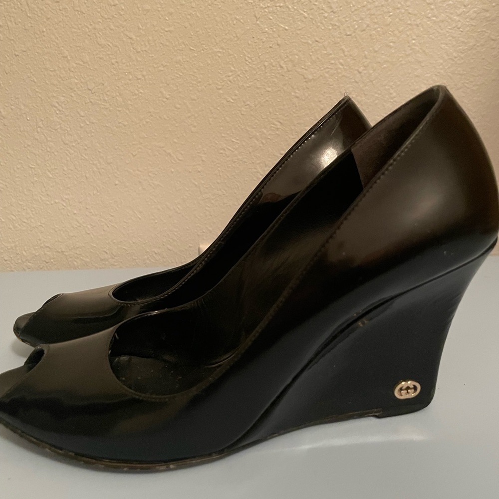 Gucci Black Wedge Peep-Toe Shoes